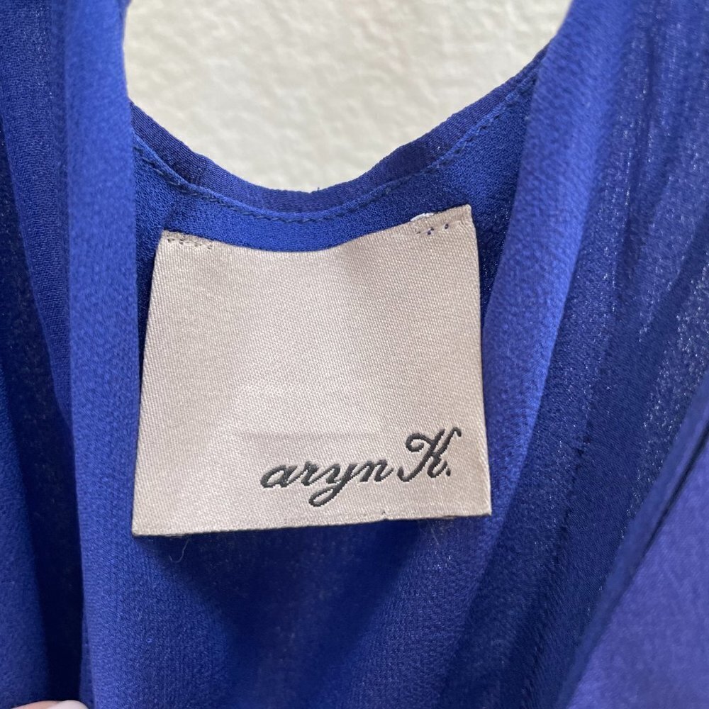 Aryn K. Blue 100% Silk High Low Deep V Pleated Cocktail Party Dress - Picture 6 of 7